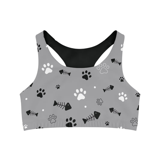 Seamless Sports Bra-Grey with dog paws pattern