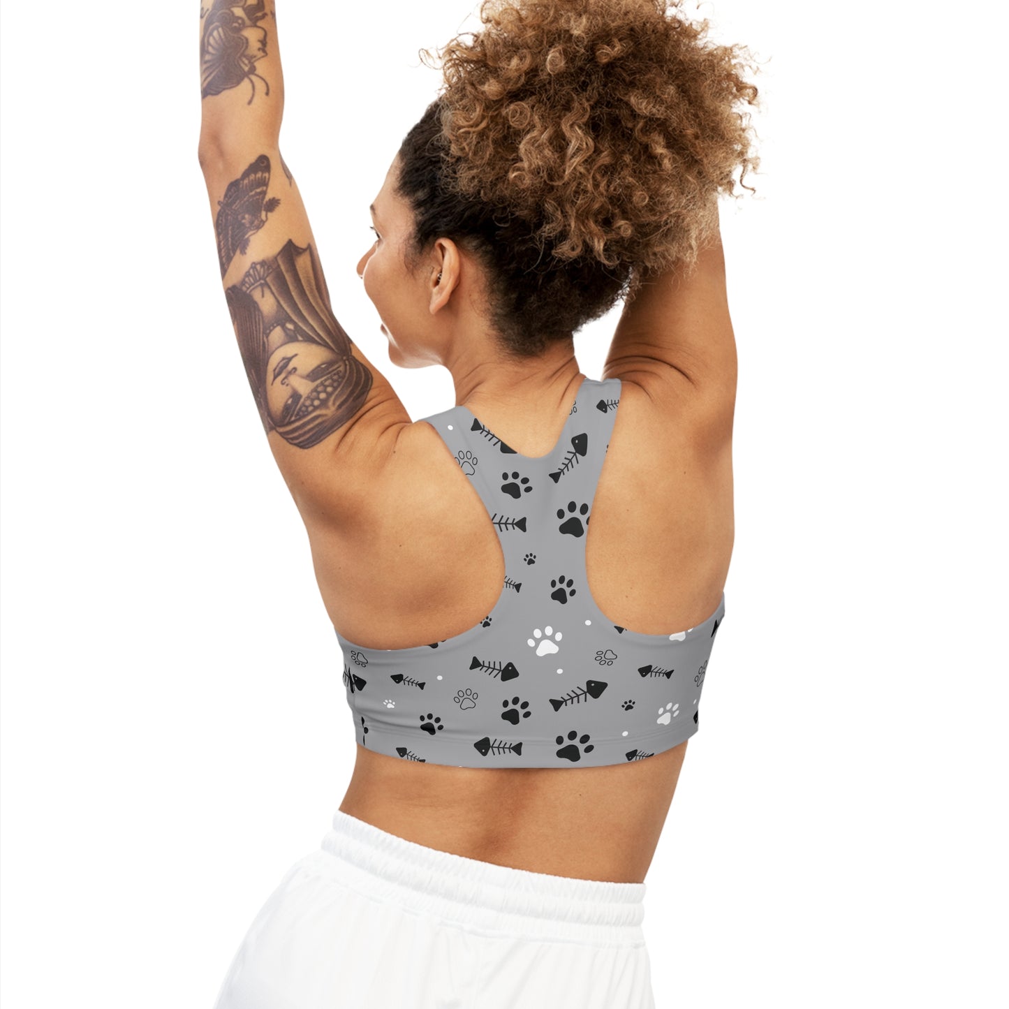 Seamless Sports Bra-Grey with dog paws pattern