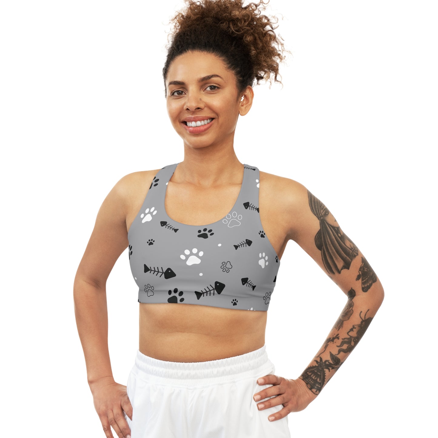 Seamless Sports Bra-Grey with dog paws pattern